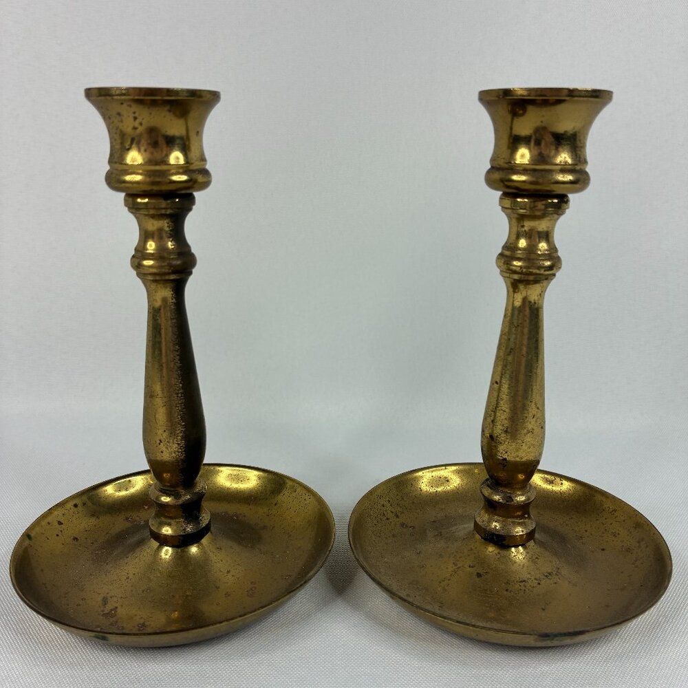 Pair of 2 Vintage Solid Brass Round Candlestick Holders with Patina